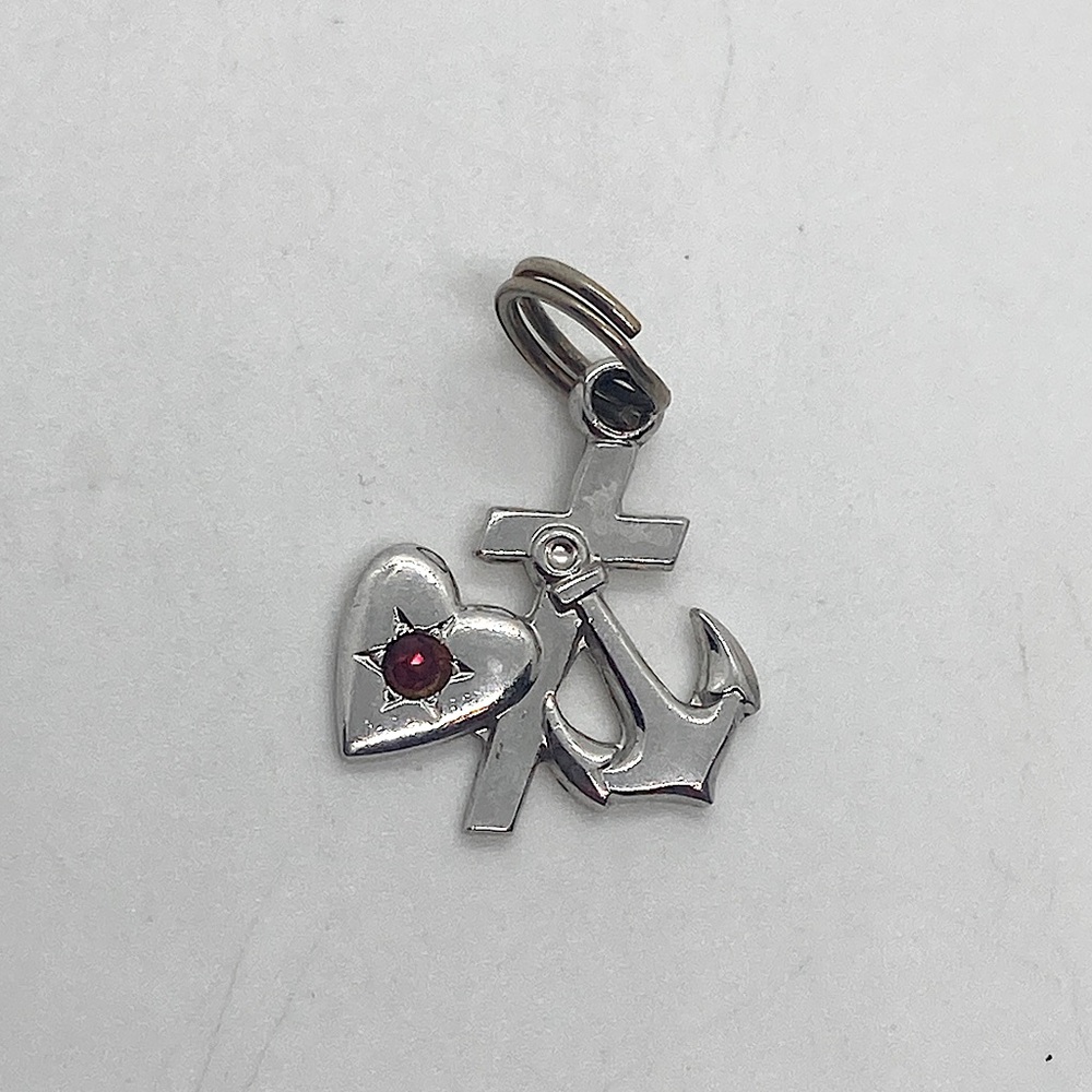 Vtg Sterling Silver Faith Hope Charity Cross Red Crystal Heart Anchor Charm .6”